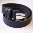 Blue leather belt with black buckle 110 with text