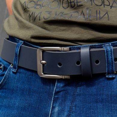 blue leather belt with gun steel buckle 110