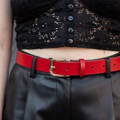 Red leather belt with golden buckle 90