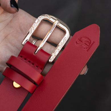 Red leather belt with golden buckle 90