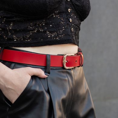 Red leather belt with golden buckle 90