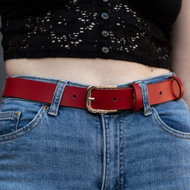 Red leather belt with golden buckle 90