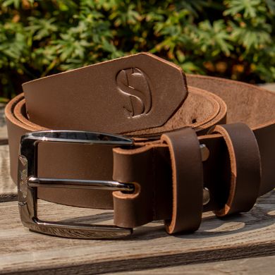 Brown leather belt with black buckle 110