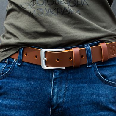 Leather belt, cognac color with silver buckle 110