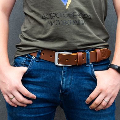 Leather belt, cognac color with silver buckle 110