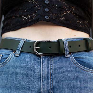 Green leather belt with black buckle 90