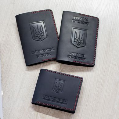 Набор обложек на УБД, военный билет и паспорт черный с красной нитью